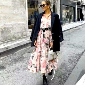 H&M Floral Chiffon Dress Powder Pink Blogger XL